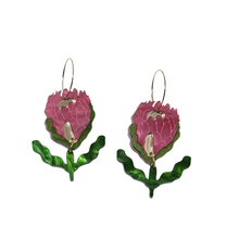 Load image into Gallery viewer, Protea Hoops Earrings with Leave Dangles