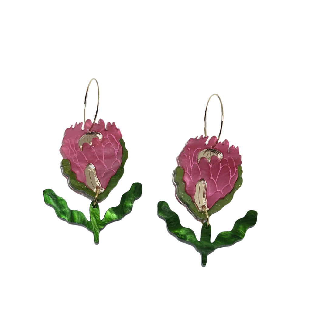 Protea Hoops Earrings with Leave Dangles