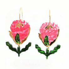 Load image into Gallery viewer, Protea Hoops Earrings with Leave Dangles